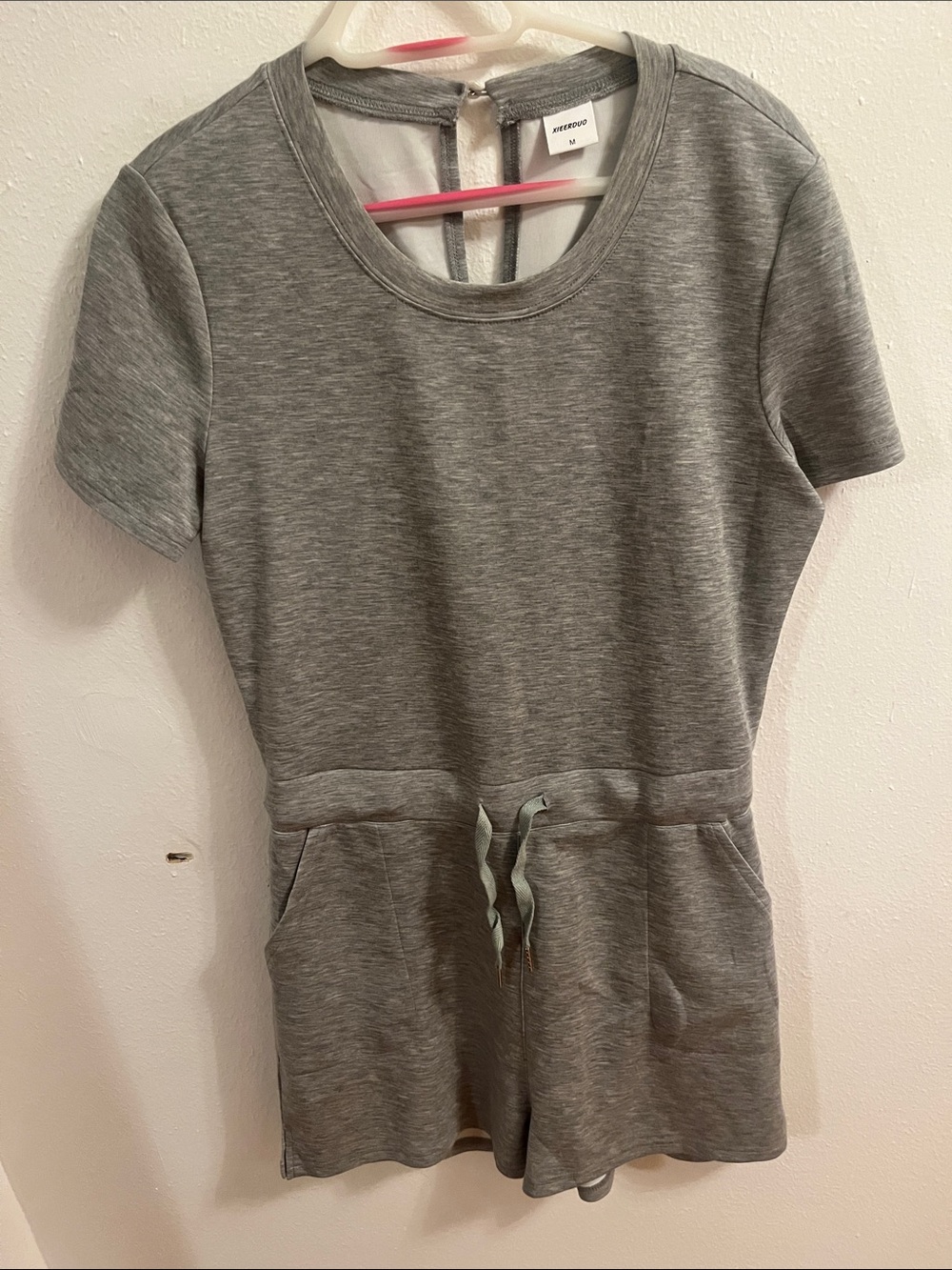 Women’s Gray Short-Sleeve Romper with Drawstring Waist